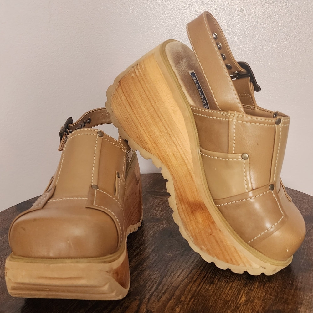 Bakers Wood Platform Tan Patchwork Mules